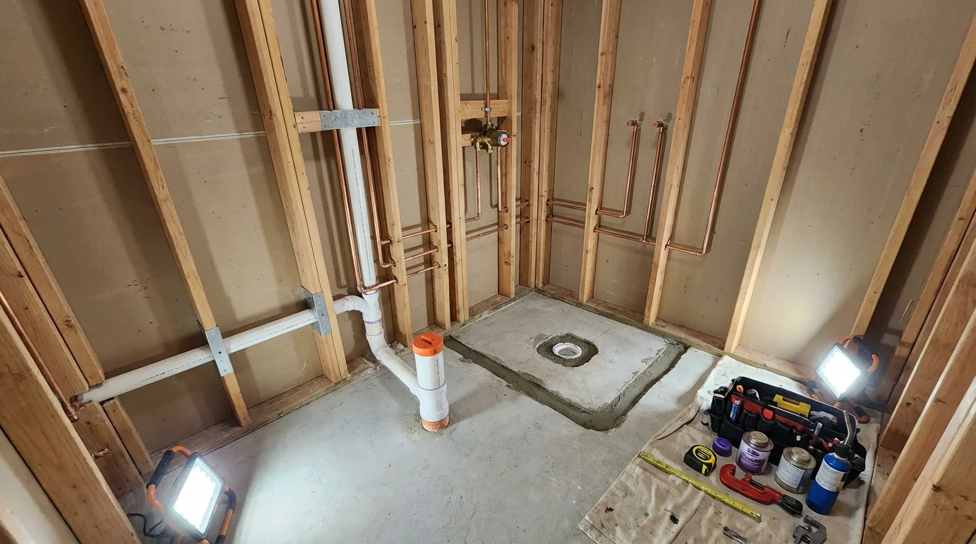 Bathroom rough-in plumbing during remodel by Johns Plumbing LLC in Hillsborough