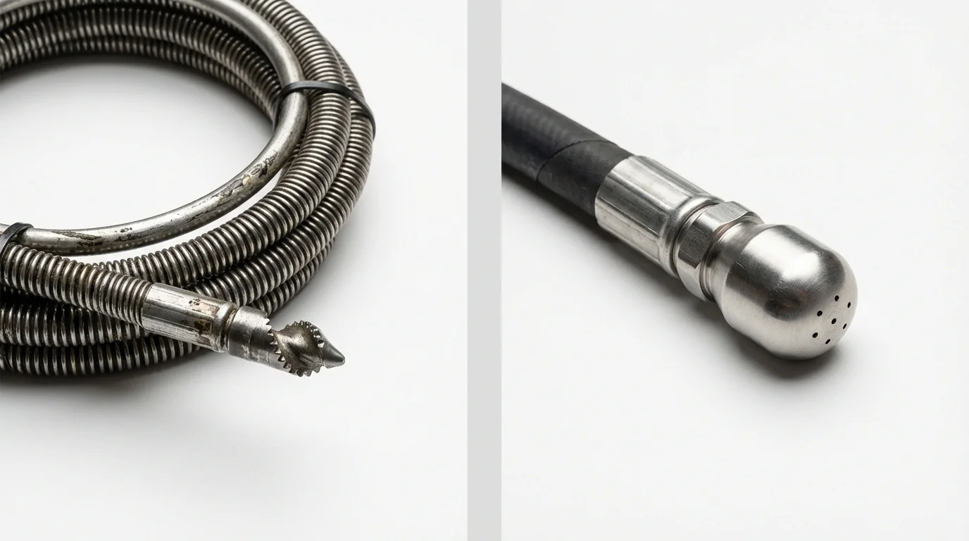 Drain snake cable and hydro jetting nozzle used for drain cleaning in Hillsborough, NC