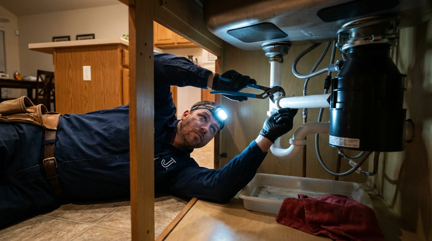 P-trap and supply line connections under a kitchen sink showing a common leak point in Hillsborough, NC